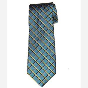 Robert Talbott Tie Teal Blue Yellow Gray Black Lattice Pattern Men's Long